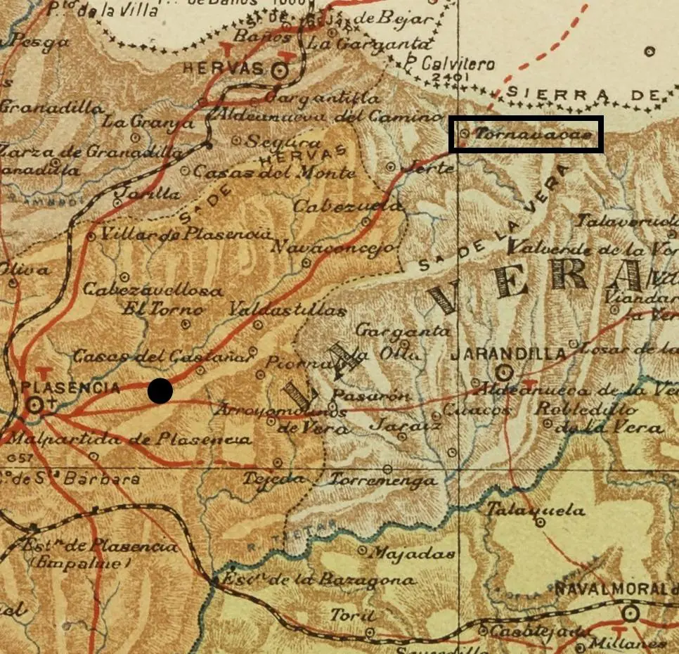 Mapa realizado en 1903 con la localidad de Tornavacas destacada en un recuadro, y señalado con un punto negro la ubicación de Gargüera