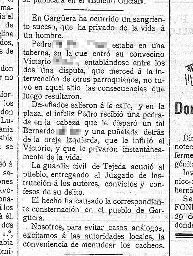 Noticia del crimen sucedido en Gargüera, publicado en ‘El Noticiero’ el 28 de noviembre de 1907.