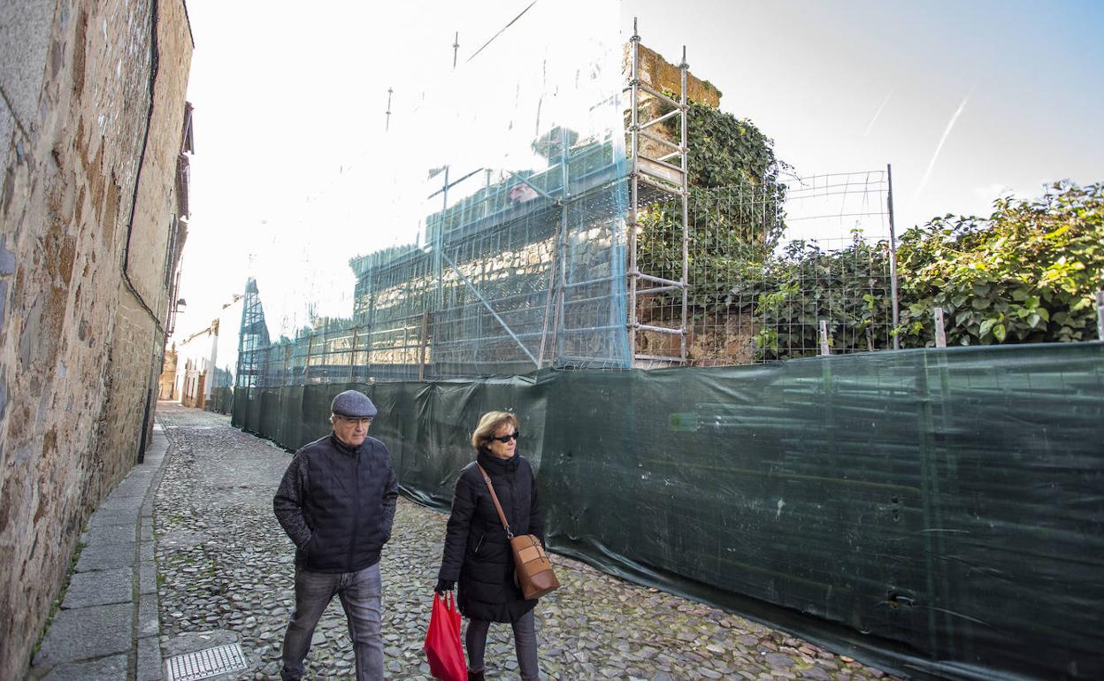 Los andamios se instalaron a la altura del número 2 del adarve del Padre Rosalío, frente a los Golfines de Arriba, el pasado mes de octubre. 