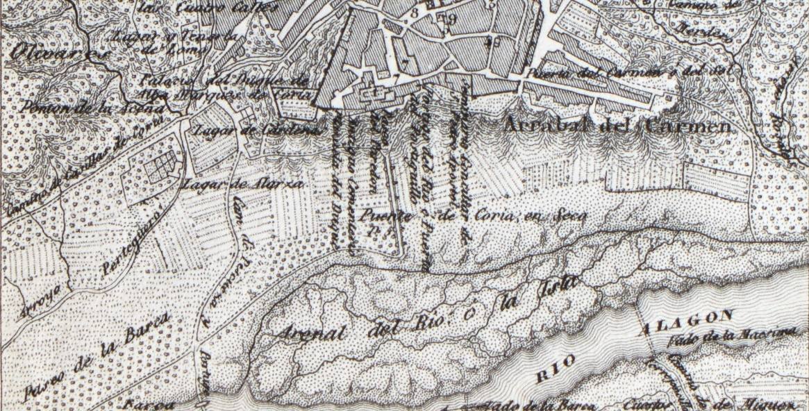 Mapa de Coello de Coria (1840-1870). La finca en la que ocurrió el crimen está a la izquierda, en la zona del camino hacia Casillas de Coria y el arroyo Perteguero.