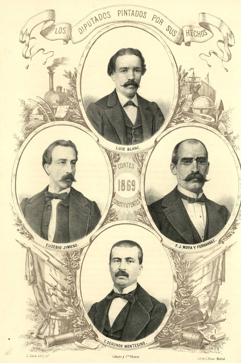 Litografía de Santiago Llanta de diputados elegidos en 1869, entre ellos está Cipriano Segundo Montesino.