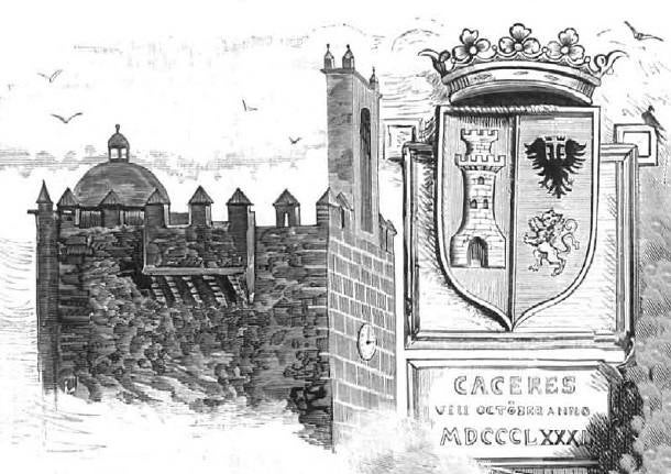 Ilustración de Comba de la llamada ‘Torre del Reloj’ (la Torre de Bujaco que entonces tenía un reloj y la hornacina con la Diosa Ceres), y el escudo de armas de Cáceres en el que aparecen dos águilas sobre la figura del león.