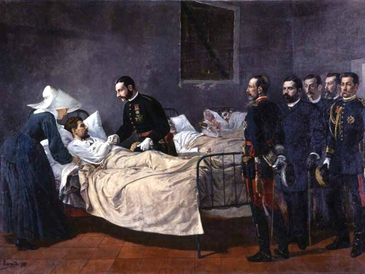 Alfonso XII visitando a afectados por el cólera en el hospital de Aranjuez en 1885, unas semanas antes de su muerte.