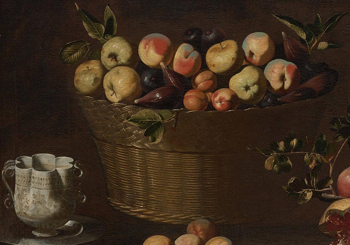 Imagen principal - Bodegón con cesto de frutas, de J. de Zurbarán; Rosa con una vela, de Luis Fernández; y Los dos hermanos, de Picasso.