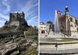 A la izquierda el castillo de Trevejo, a la derecha, la Plaza Mayor de Trujillo.