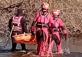 Efectivos de bomberos del SEPEI y Protección Civil de Plasencia dentro del río Alagón durante el rescate de la mujer fallecida.