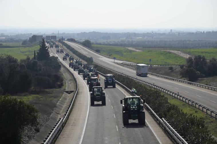 Tractores a su paso por la A-5 en Badajoz.