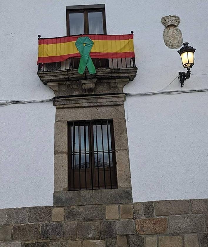Imagen secundaria 2 - Lazo verde en apoyo a las protestas en la fachada del ayuntamiento.