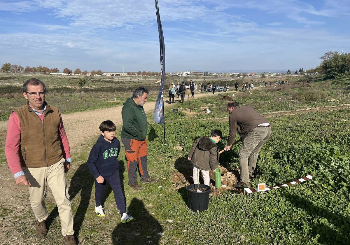 Plantación de olmos en el parque de Cáceres el Viejo, con el edil de Vox, que pidió inversiones en ese parque, Eduardo Gutiérrez, y el alcalde, Rafael Mateos, de espaldas.