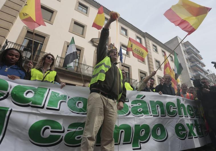 Los agricultores tiran huevos y miel a la Subdelegación en Cáceres