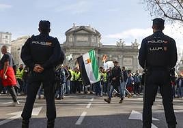 Protesta de agricultores este miércoles en el corazón de Madrid.