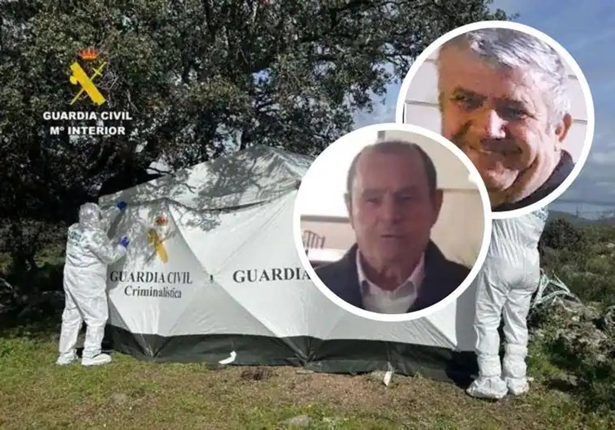 Imagen de la carpa que montó la Guardia Civil en el lugar en el que estaba el cadáver. En los círculos, una imagen de Vicente Sánchez (abajo) y el alguacil José María Lindo (arriba).