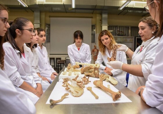 Imagen de archivo de alumnas haciendo prácticas en la Facultad de Medicina de Badajoz.