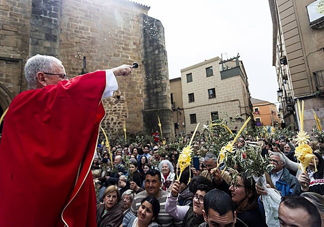Momento de la bendición de las palmas en el inicio de la procesión de la Burrina.