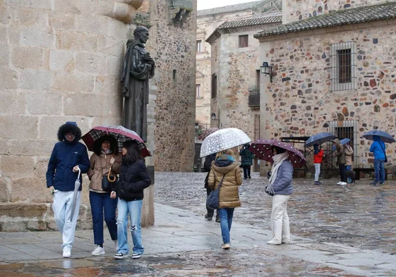Un grupo de turistas con paraguas en la plaza de Santa María de Cáceres este miércoles.