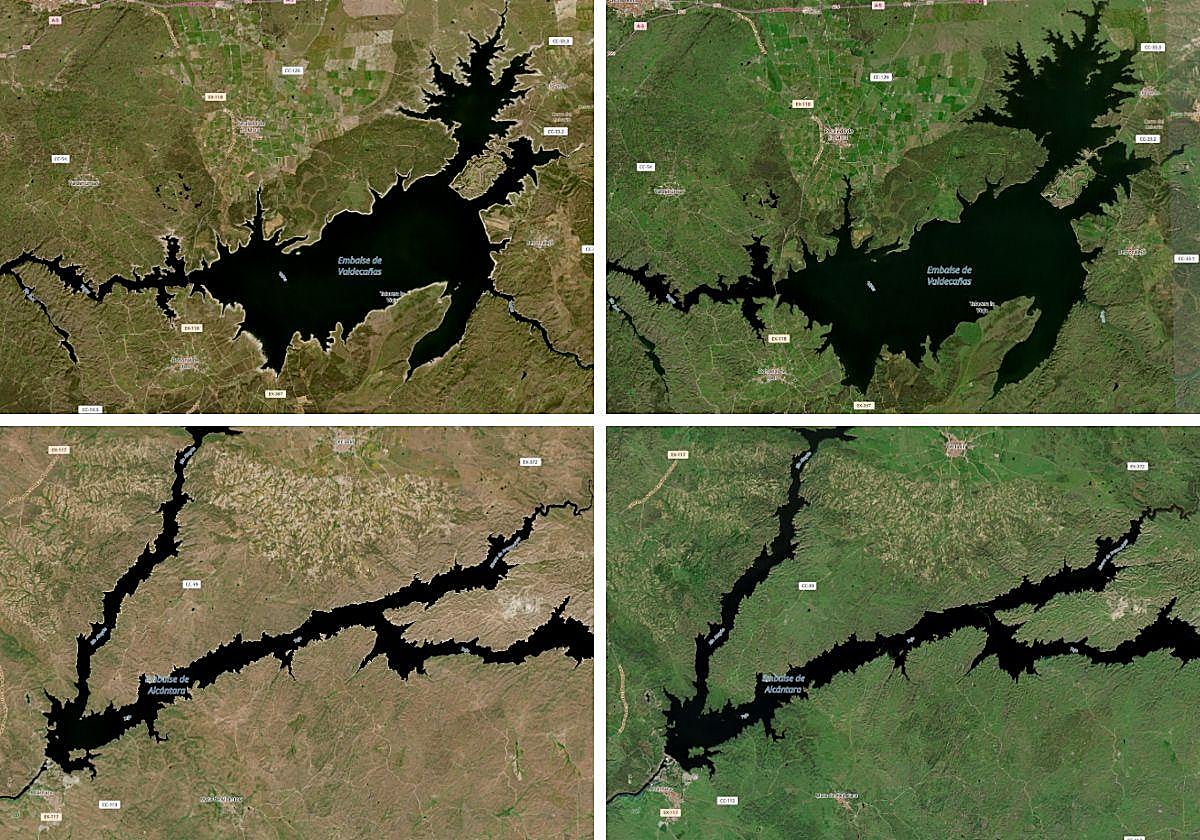 Comparación de embalses y la superficie terrestre del entorno de Valdecañas y Alcántara en 2023 y 2024.