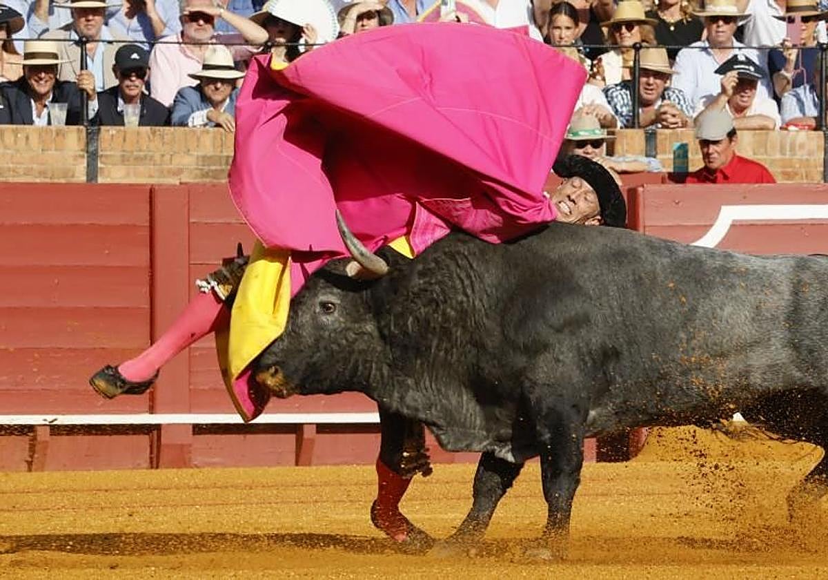 El diestro Manuel Escribano sufre una cogida en el primero de su lote durante la corrida celebrada hoy sábado en la plaza de toros La Maestranza de Sevilla.