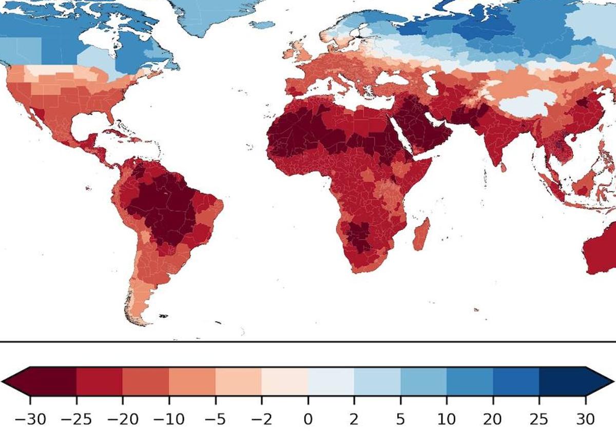 Cambios de ingresos proyectados en 2049 en comparación con una economía sin cambio climático.