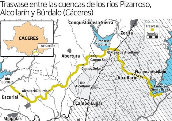 Mapa del trazado de la obra de interconexión de las presas cacereñas del Guadiana a través de los ríos Pizarroso, Búrdalo y Alcollarín.