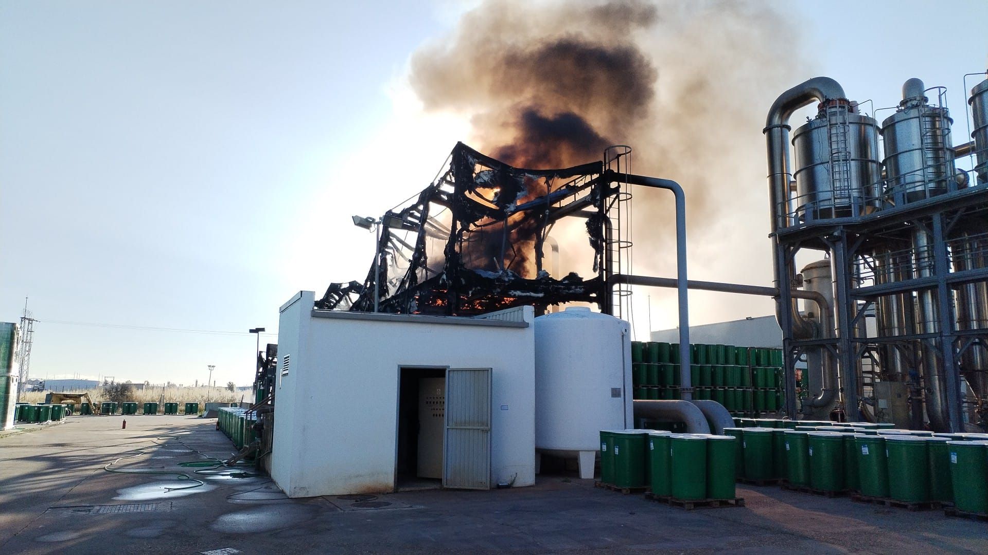 Imágenes del desarrollo del incendio en la fábrica de tomates Conesa de Miajadas