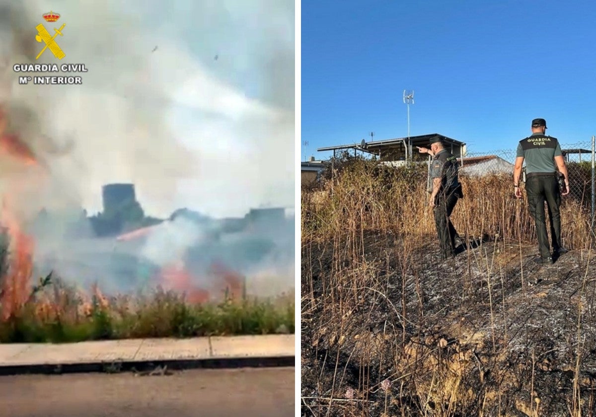 La Guardia Civil auxilia a cuatro vecinos de Badajoz amenazados por un incendio de pastos