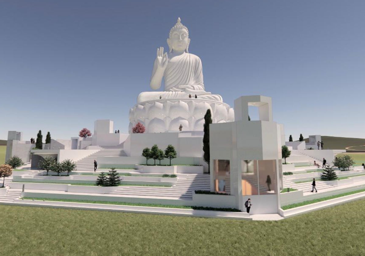 Recreación de la estatua de Buda (de 47 metros y hecha en jade blanco) en Cerro Romanos, en cuya base habrá dos plantas destinadas a uso devocional y museo respectivamente.