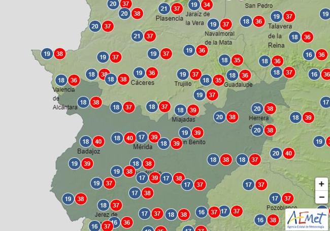 Temperaturas previstas por la Agencia Estatal de Meteorología para este domingo.