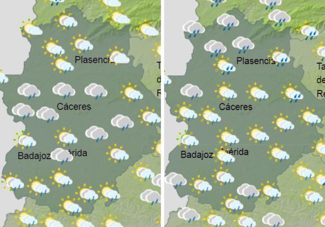 Mapas de lluvia para el jueves por la tarde (izquierda) y viernes (derecha) en Extremadura.