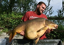 Jairo Canchado, cogiendo en peso la gran carpa que ha capturado junto a su amigo Alberto Cacho.