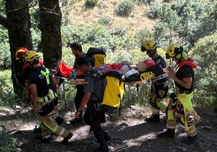 Bomberos transportando la camilla en la que llevaban inmovilizada a la herida.