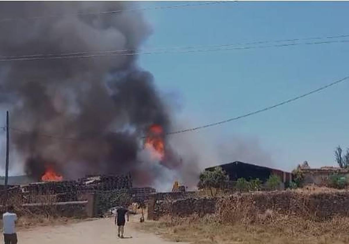 Imagen principal - Arde un almacén de palés de una empresa maderera de Fregenal de la Sierra