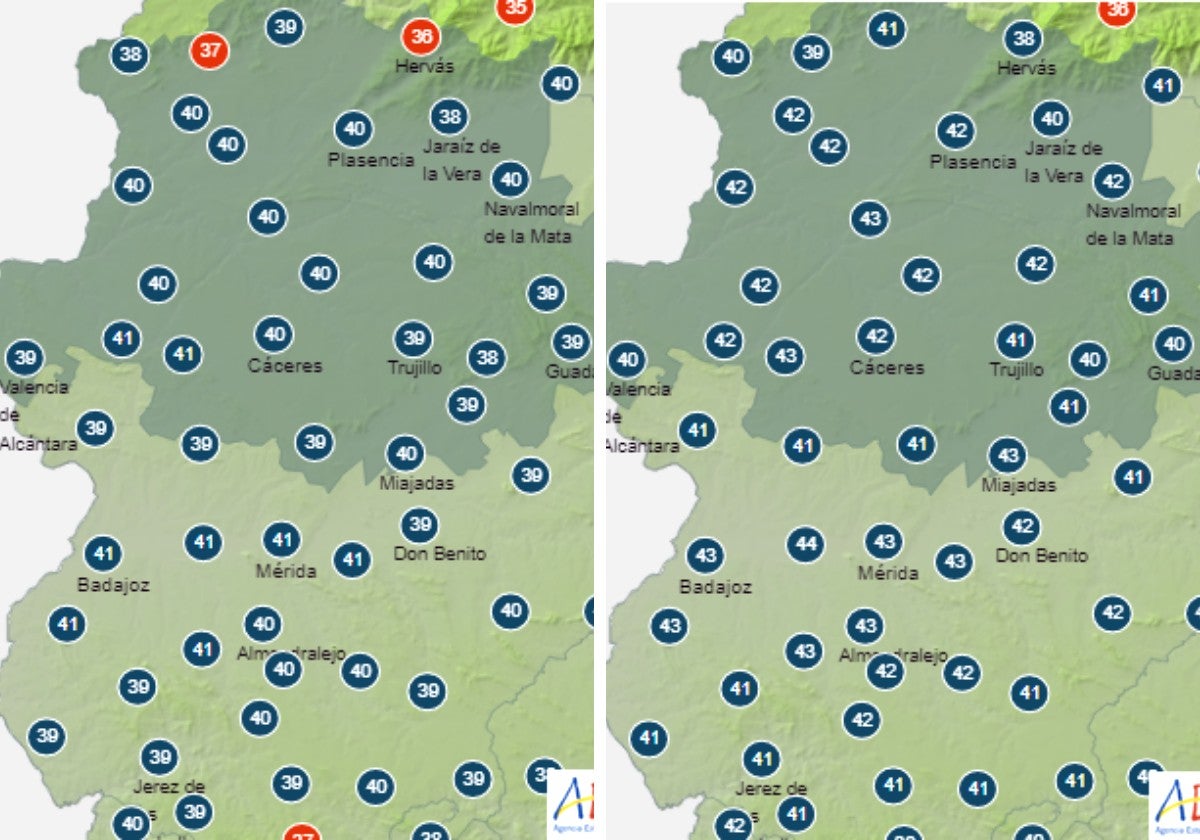 Temperaturas en Extremadura este miércoles a las 14 y 17 horas, respectivamente.