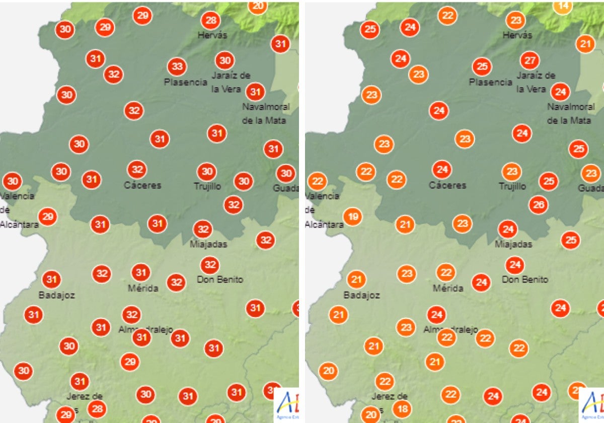 Temperaturas en Extremadura este jueves a las 00 y 06 horas, respectivamente.