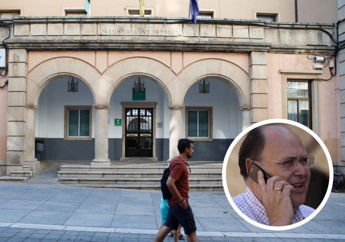 Fachada de la sede del Centro de Educación de Adultos de Cáceres, que comparte edificio con la Escuela de Idiomas. En el círculo, imagen de José Manuel Martín Cisneros.