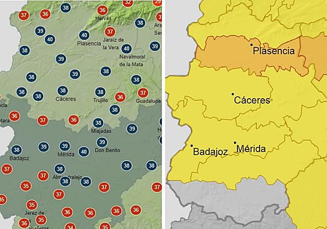 Mapas de temperaturas y alertas para el sábado.