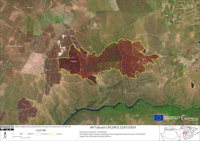 Perímetro sobre imagen Sentinel-2 de Copernicus del día 22/07/2024