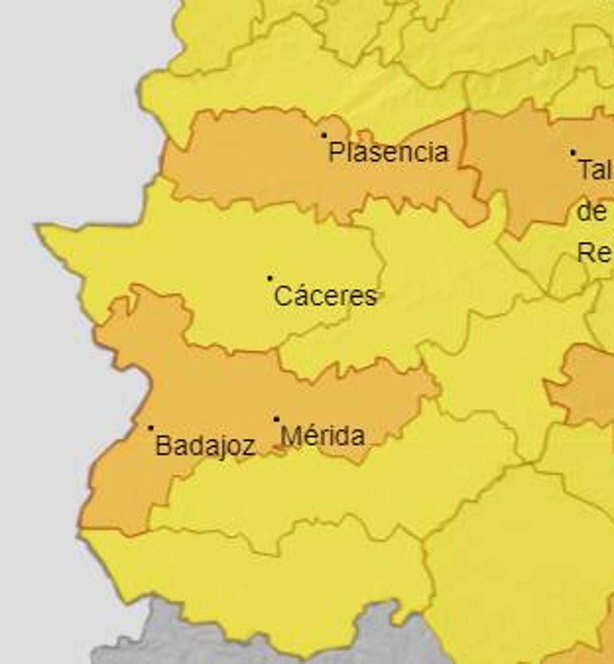 Mapa de alerta por altas temperaturas para este lunes en Extremadura.