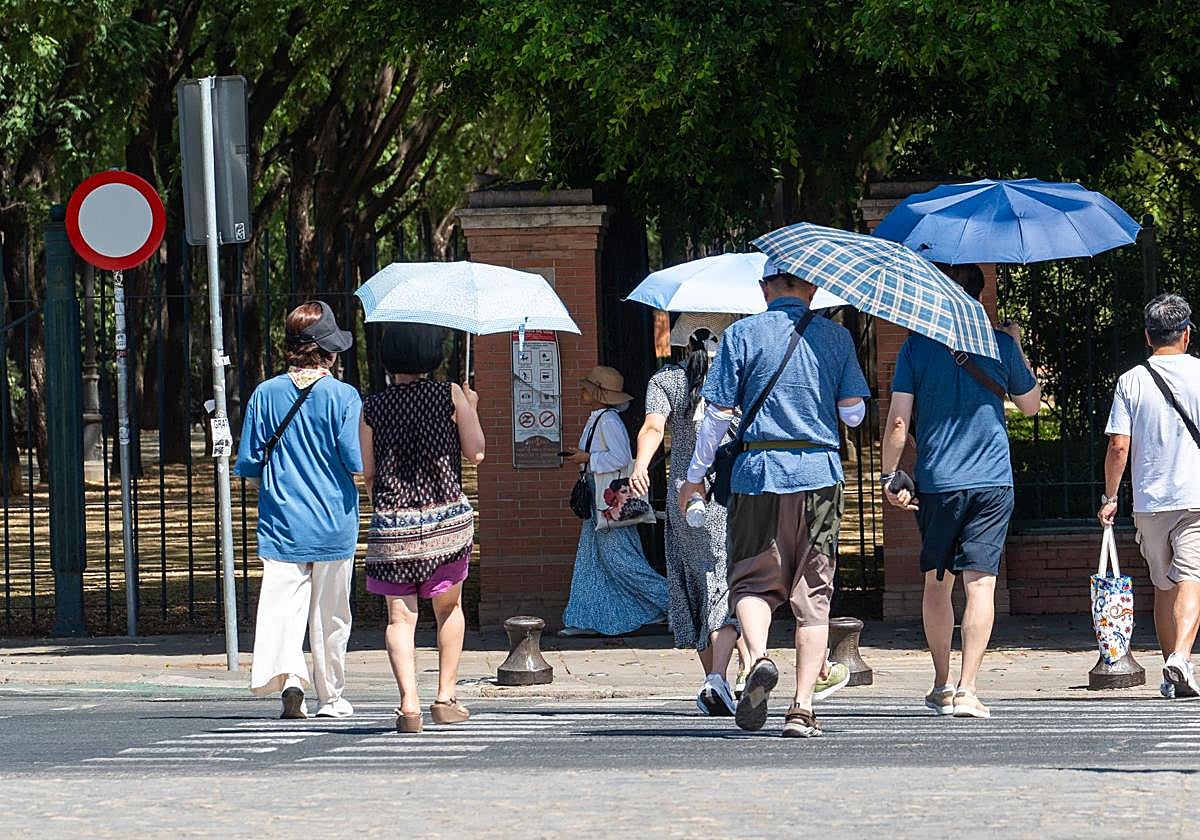 Personas caminando por la calle protegidos del sol con paraguas.