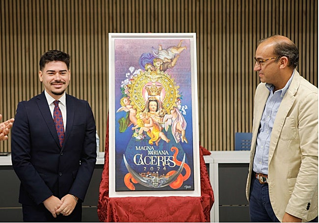 David Gómez López es el autor del cartel de la procesión Magna Mariana, que presentó ayer con la presencia del alcalde Rafael Mateos.