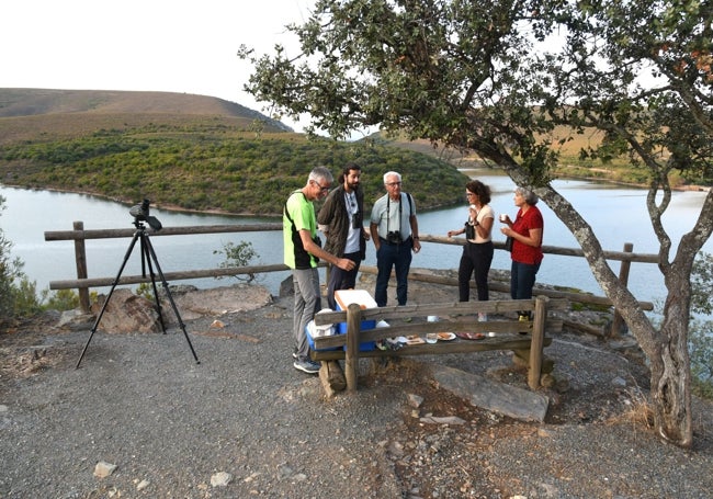 Turistas canarios y madrileños en el mirador de La Higuerilla, con un guía de naturaleza.