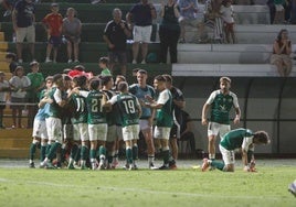 Los verdiblancos celebran un gol ante el Móstoles.