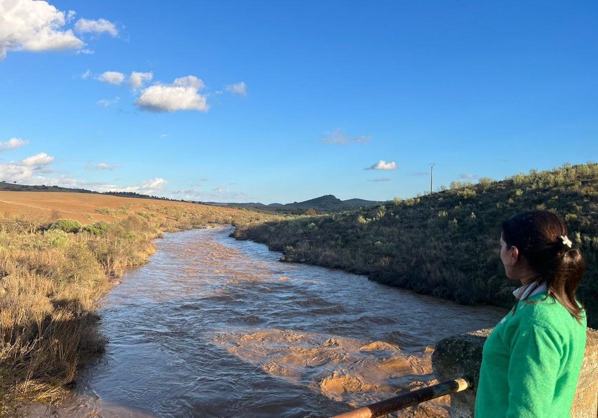 Una mujer comprueba el caudal abundante con el que entra el río Matachel en la presa de Los Molinos, en Hornachos, este jueves.