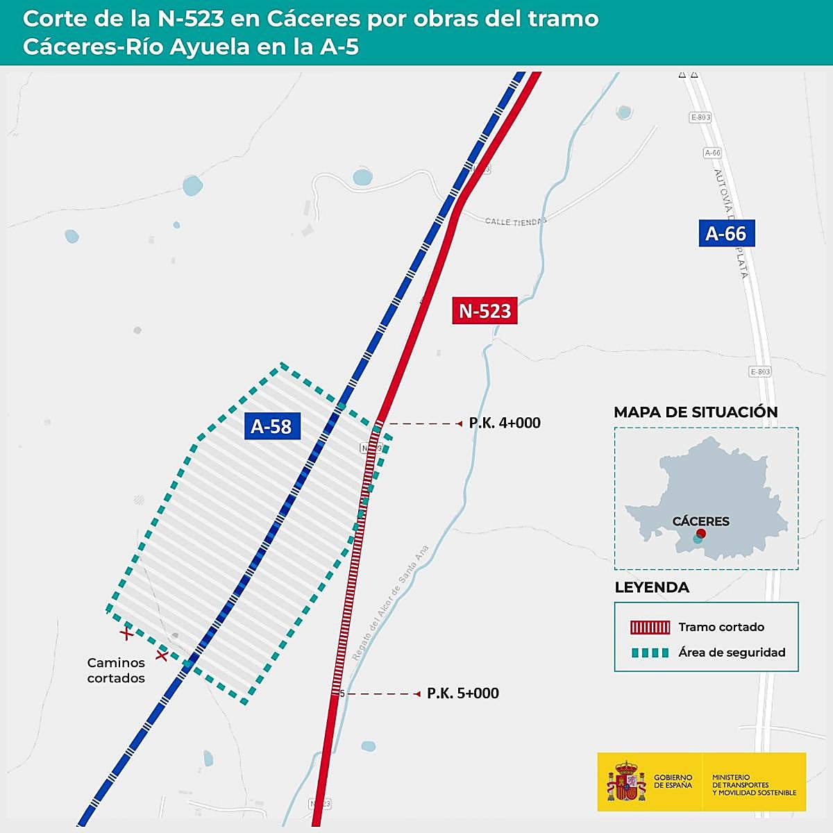 Una voladura en las obras de la autovía Cáceres-Badajoz obliga a cortar la N-523 este jueves