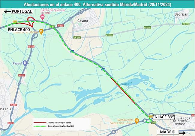 Cortes de tráfico y rutas alternativas a partir del jueves en la circulación en sentido Mérida/Madrid. El tramo afectado es a la altura de la conexión con la carretera de Cáceres.