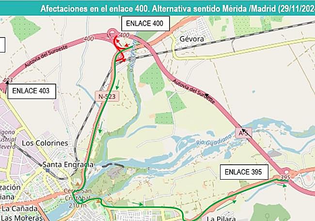 Cortes de tráfico y rutas alternativas a partir del viernes en la circulación en sentido Mérida/Madrid. El tramo afectado es a la altura de la conexión con la carretera de Cáceres.
