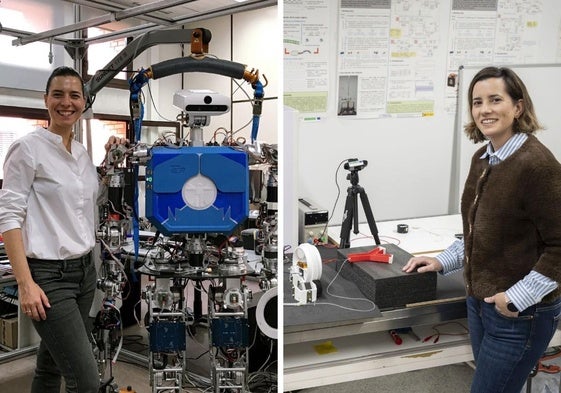 Concepción Alicia Monje Micharet y el robot humanoide Teo, en el Robotics Lab de la Universidad Carlos III. En la otra imagen, Inés Tejado Balsera en el laboratorio de robótica de la Escuela de Ingenierías Industriales de la UEx.