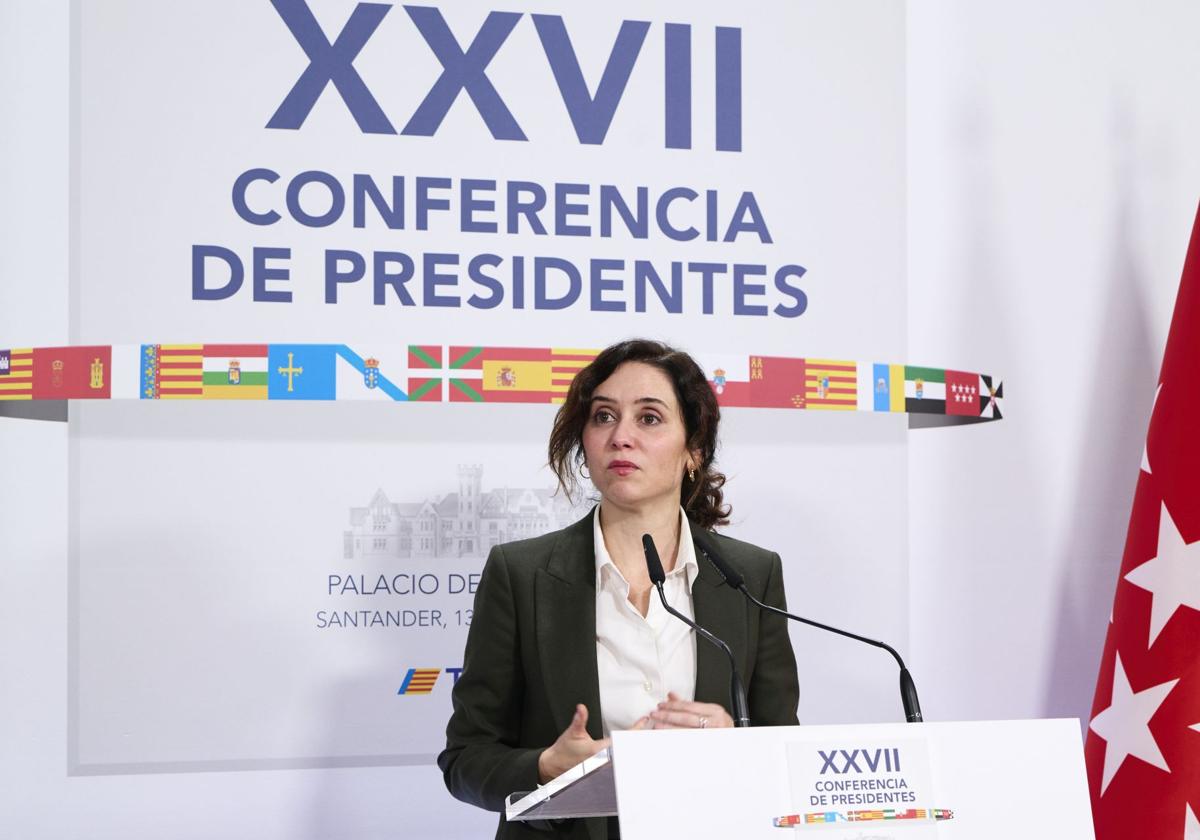 Ayuso da una rueda de prensa tras la Conferencia de Presidentes celebrada el pasado viernes en Santander.