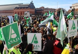 Agricultores con banderas extremeñas en las protestas de Madrid