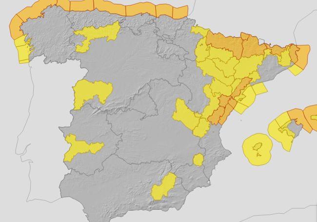 Mapa de avisos en España de la Aemet para este lunes.