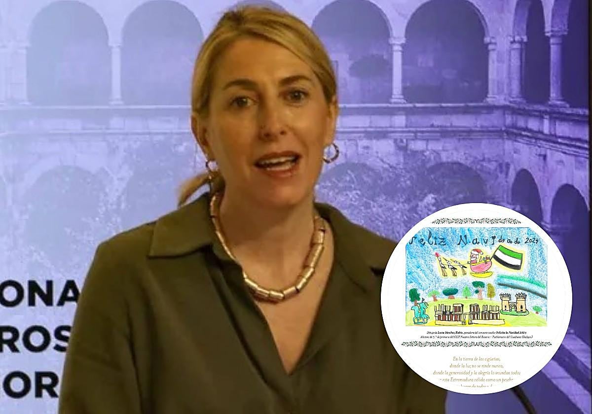 La presidenta de la Junta, María Guardiola. En la foto detalle, la postal navideña enviada.